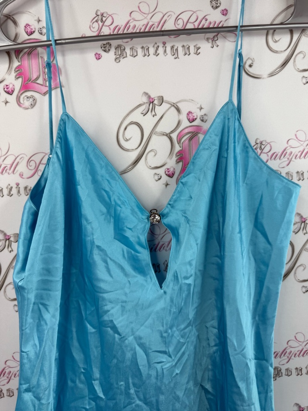 Silk and Satin dress rhinestone diamond Aqua Slip Dress with Keyhole Detail - Picture 8 of 13